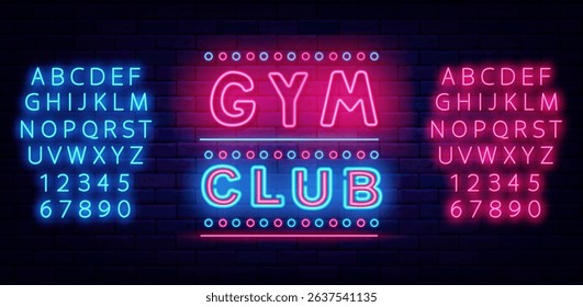 Gym club neon label on brick wall. Fitness sports. Athletic center symbol. Shiny flyer. Vector stock illustration