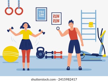 Gym coach. Fitness training workout and exercise. Woman lifting dumbbells, trainer standing with stopwatch. Physical activity with equipment indoors, healthcare cartoon vector illustration