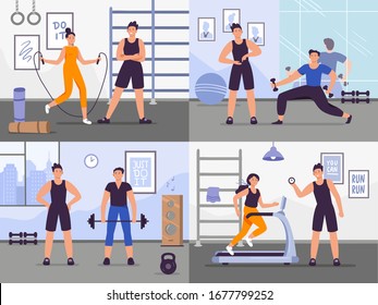 Gym coach. Vector illustration set people training. Gym coach, fitness training workout and exercise, trainer and athlete