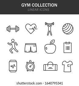 GYM collection linear icons in black on a white background
