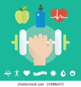 Gym concept flat icon set with health care, food and water. Isolated vector illustration and modern design element