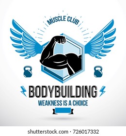 Gym conceptual vector emblem composed using bird wings, kettle bells sport equipment and athletic bodybuilder arm.
