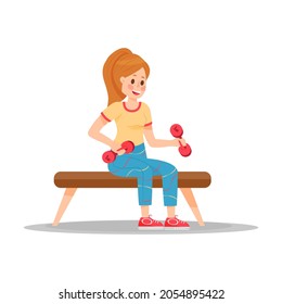 gym day athletic girl with sports equipment hand drawn fulcolor vector flat illustration
