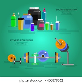 Gym design concept with with fitness equipment and sports nutrition, cool flat  illustration. Web banner template