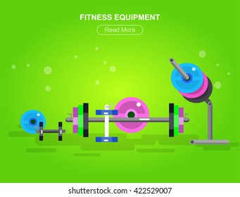 Gym design concept with with fitness equipment, cool flat  illustration. Web banner template