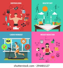 Gym design concept set with bodybuilding healthy diet cardio workout weight reduction flat icons isolated vector illustration