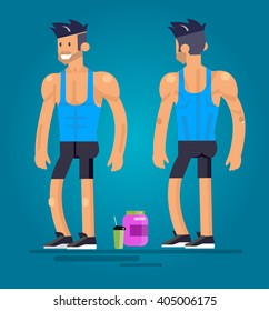 Gym design concept with Vector detailed character men  bodybuilder in the front and in the back. Cool flat  illustration
