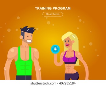 Gym design concept with Vector detailed character men and women bodybuilder. Cool flat  illustration. Web banner template