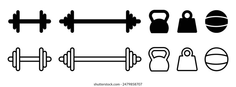 Gym different types of weight dumbbells, barbells, kettlebells and medicine ball in bold and line art icon set