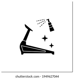 Gym disinfection glyph icon. Simulators and sport equipment sanitizing. Wet cleaning in the gym. Safety space and preventative measures.Filled flat sign. Isolated silhouette vector illustration