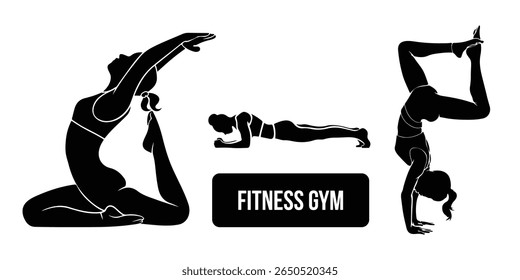 Gym. Diverse female Silhouettes vector Exercising Poses Workout Training. Fitness Center bodybuilders.