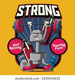 Gym Dumbbell Fitness Cartoon Mascote Personagem em 70s 80s Retro Groovy Vintage Estilo para musculação halterofilismo pôster, folheto, convite, cartão de saudação, banner, adesivo, mídias sociais