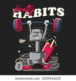 Gym Dumbbell Fitness Cartoon Mascote Personagem em 70s 80s Retro Groovy Vintage Estilo para musculação halterofilismo pôster, folheto, convite, cartão de saudação, banner, adesivo, mídias sociais