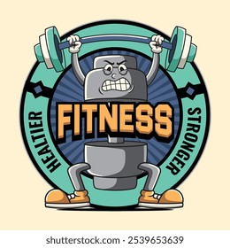 Gym Dumbbell Fitness Cartoon Mascote Personagem em 70s 80s Retro Groovy Vintage Estilo para musculação halterofilismo pôster, folheto, convite, cartão de saudação, banner, adesivo, mídias sociais