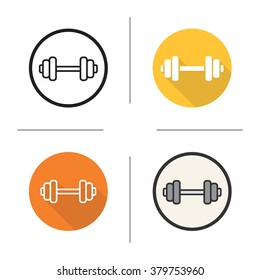 Gym dumbbell flat design, linear and color icons set. Bodybuilding workout and weightlifting equipment. Long shadow gym logo concept. Isolated gym barbell vector illustrations. Infographic elements
