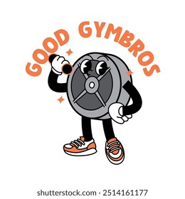 Gym Dumbbell retro mascot with hand and foot doing fitness. Retro cartoon stickers with funny comic characters and gloved hands. Kettlebell, dumbbell, fitness, gym, exercise Retro Mascot.