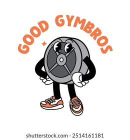 Gym Dumbbell retro mascot with hand and foot doing fitness. Retro cartoon stickers with funny comic characters and gloved hands. Kettlebell, dumbbell, fitness, gym, exercise Retro Mascot.