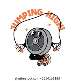 Gym Dumbbell retro mascot with hand and foot doing fitness. Retro cartoon stickers with funny comic characters and gloved hands. Kettlebell, dumbbell, fitness, gym, exercise Retro Mascot.