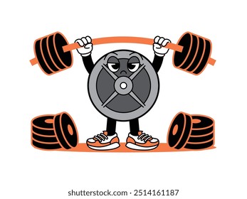 Gym Dumbbell retro mascot with hand and foot doing fitness. Retro cartoon stickers with funny comic characters and gloved hands. Kettlebell, dumbbell, fitness, gym, exercise Retro Mascot.