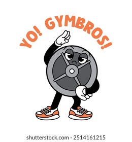 Gym Dumbbell retro mascot with hand and foot doing fitness. Retro cartoon stickers with funny comic characters and gloved hands. Kettlebell, dumbbell, fitness, gym, exercise Retro Mascot.