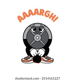 Gym Dumbbell retro mascot with hand and foot doing fitness. Retro cartoon stickers with funny comic characters and gloved hands. Kettlebell, dumbbell, fitness, gym, exercise Retro Mascot.