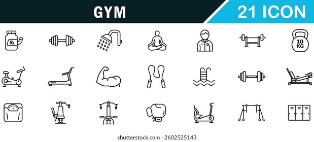 GYM editable outline icon set. gym, sports equipment, exercises and more.