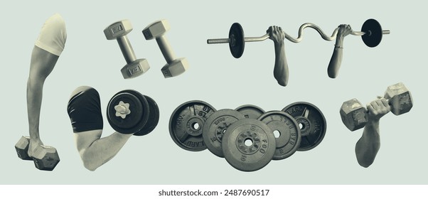 Gym equipment and activities design elements vintage collage collection. Vector illustration 