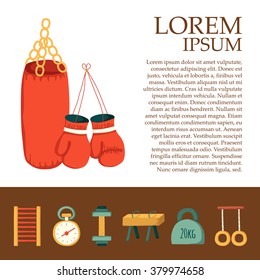 Gym equipment background with cartoon objects. Sport healthy life concept. Fitness  equipment design
