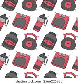 Gym equipment doodle seamless patter. Fitness tools hand drawn vector illustration background containing kettlebell, protein, water bottle, body weight scale.