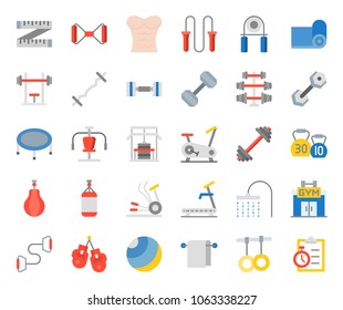 gym equipment and fitness flat icon, such as elliptical trainer, punching bag, grippers, bench, treadmill, trampoline, bicycle gym, kettle bell