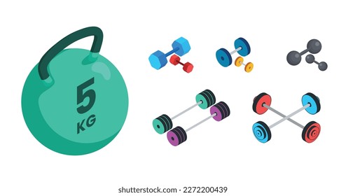 Gym equipment. Fitness sport, heavy weight barbell and bodybuilding. Wellness equipment, fit exercise or training iron lift. Isolated vector illustration set.