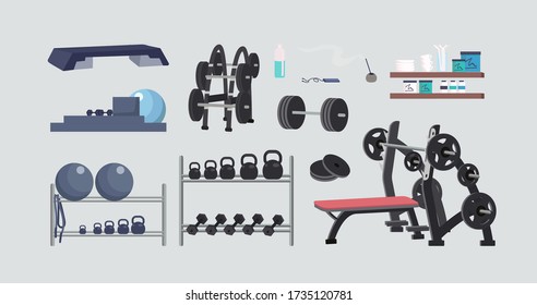 Gym equipment flat color vector objects set. Bodybuilding, aerobics and yoga accessories. Fitness center gear 2D isolated cartoon illustrations on gray background. Weights, swiss ball and refreshments