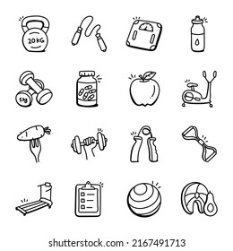 Gym Equipment Hand Drawn Icons 

