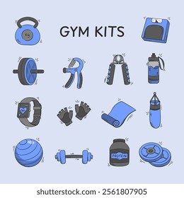 Gym equipment hand drawn illustration. Set of fitness tools vector icon doodle. Workout device collection outline style design.