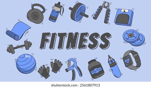 Gym equipment hand drawn illustration. Set of fitness tools vector icon doodle. Workout device collection outline style design.