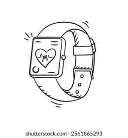 Gym equipment hand drawn illustration. Smartwatch vector icon doodle. Workout fitness tech device outline style design.