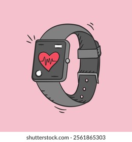 Gym equipment hand drawn illustration. Smartwatch vector icon doodle. Workout fitness tech device outline style design.