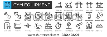 Gym Equipment icon collection set. Containing design Treadmill, Stationary Bike, Smith Machine, Squat Rack, Bench Press