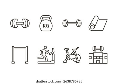 Gym equipment icon set. Thin line editable stroke icons for fitness tools, strength training, cardio machines, bodybuilding gear, and workout essentials