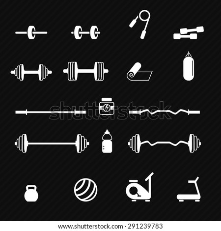 Gym equipment icon set in white color