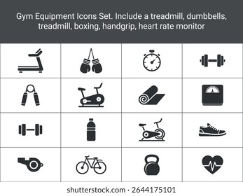 Gym Equipment Icons Set. Include a treadmill, dumbbells, treadmill, boxing, handgrip,
heart rate monitor etc. Fitness Icons Set for workout and Sports. solid, flat icons