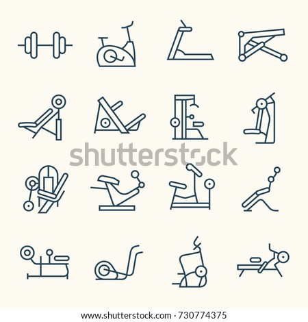 Gym equipment line icon set