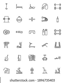 Gym equipment line icons set. linear style symbols collection, outline signs pack. Fitness, sports equipment vector graphics. Set includes icons as barbell, dumbbell, gym machine,  elliptical trainer