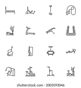 Gym equipment line icons set, outline vector symbol collection, linear style pictogram pack. Signs, logo illustration. Set includes icons as sport training apparatus, gym machines, treadmill, bench