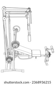 Gym equipment on white background vector illustration. Different fitness equipment for muscle building. Workout and training concept.