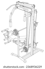 Gym equipment on white background vector illustration. Different fitness equipment for muscle building. Workout and training concept.