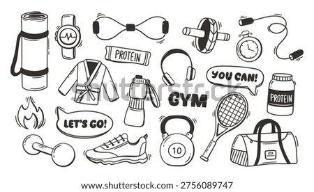 Gym equipment outline icon set with hand drawn dumbbells and workout gear for fitness app UI, healthy lifestyle posters, and energy or motivation sticker design
