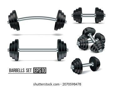 Gym equipment set. Fitness sport, heavy weight barbells and bodybuilding dumbbells. Vector illustration isolated on white background