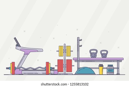 Gym equipment set. Various fitness accessories collection. Bodybuilding equipment isolated. Flat style. Vector illustration.