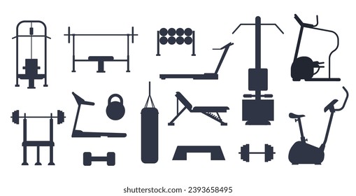 Gym equipment silhouette exercise workout accessories isolated set. Vector flat graphic design illustration